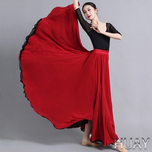 720度双层双面穿雪纺大红黑色半身裙子新疆舞蹈服大摆长裙女夏季