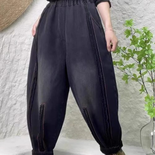 秋冬黑色加厚北极绒保暖牛仔垮裤