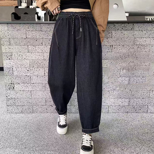 宽松抓毛加厚哈伦裤 秋冬新款 女松紧腰大码 复古高弹牛仔老爹裤 时尚