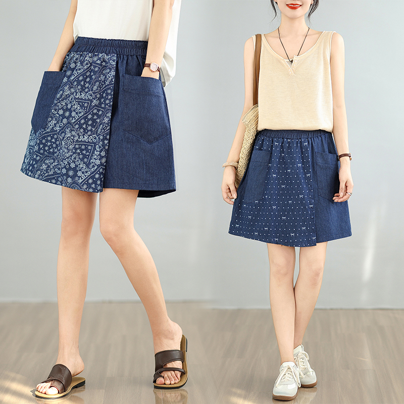 大码女裤夏季新款牛仔阔腿短裤胖mm松紧腰宽松五分热裤假两件裙裤