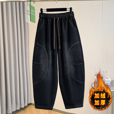 秋冬新款文艺复古加绒加厚牛仔裤
