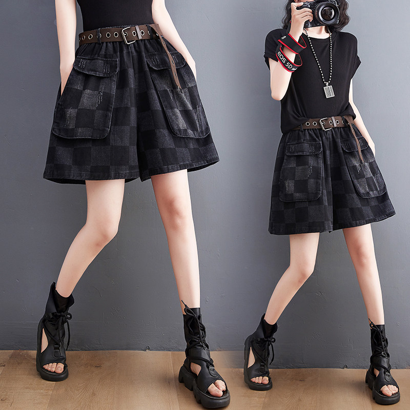 夏季新款文艺休闲大口袋五分牛仔裤女松紧腰大码宽松显瘦阔腿短裤,女装/女士精品,牛仔裤,淘宝优惠券,粉丝福利购,淘宝优惠卷