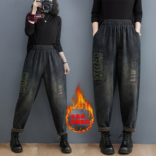 宽松刺绣老爹裤 女胖妹妹大码 文艺休闲加绒加厚牛仔哈伦裤 秋冬新款