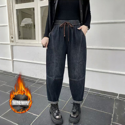 秋冬新款休闲加绒加厚阔腿牛仔裤