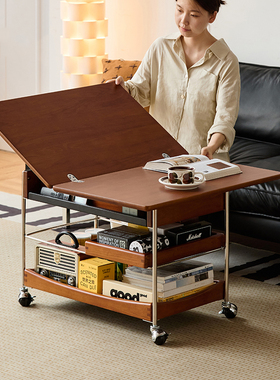 实木茶几家用客厅小推车中古风复古小户型可移动折叠茶几沙发边几