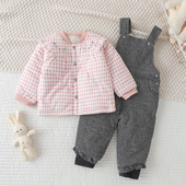 偶园婴儿春秋薄棉衣套装 三件套外出服 宝宝纯棉连帽马甲棉袄背带裤