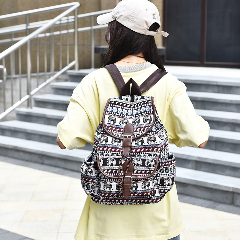 新款双肩包简约漂亮百搭民族风条纹书包时尚潮流青年女生逛街背包