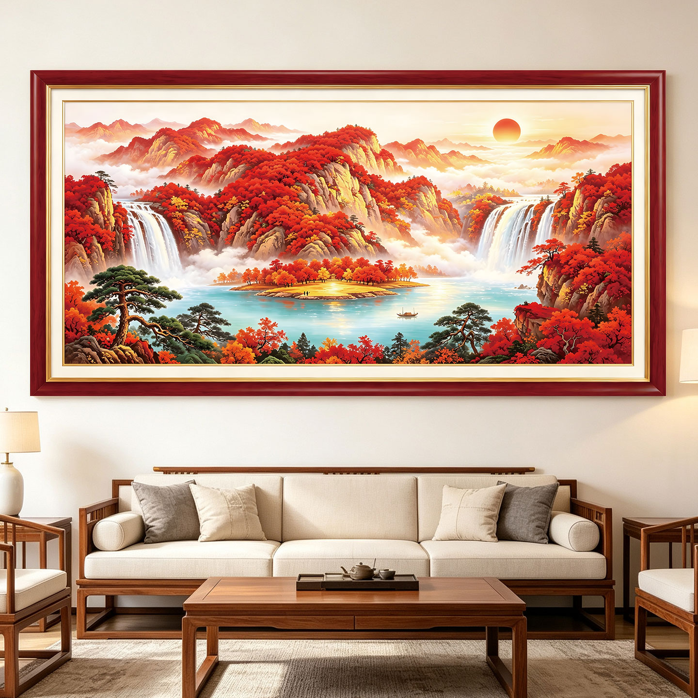 中式客厅山水贴画鸿运当头风景图案自粘壁画办公室墙面装饰贴纸