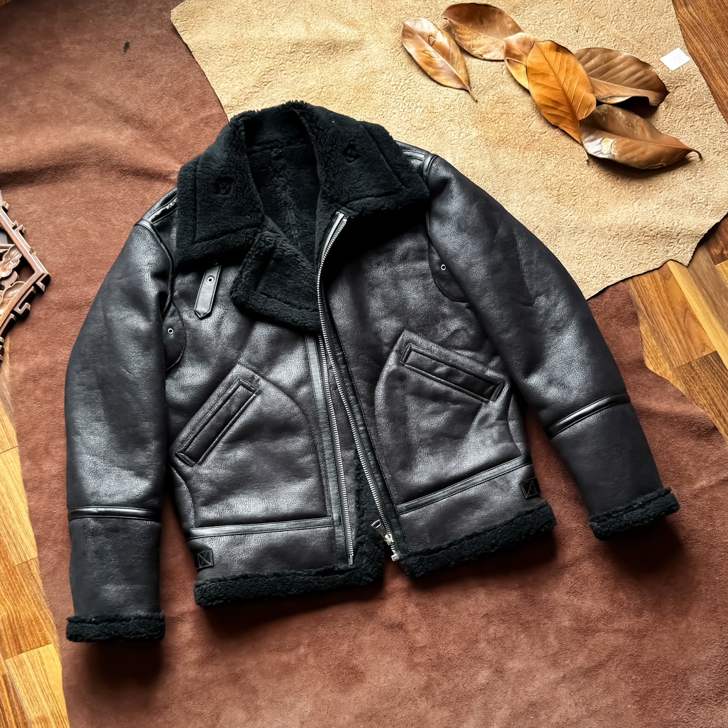 B3皮毛一体飞行服机车外套翻领