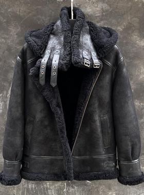 反季B3原生态皮毛一体男飞行服真皮皮衣羊羔毛外套黑色带帽厚皮草
