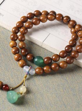 原创贡木森系复古双圈女气质素雅手链玉石小莲蓬好运桶珠木质手串