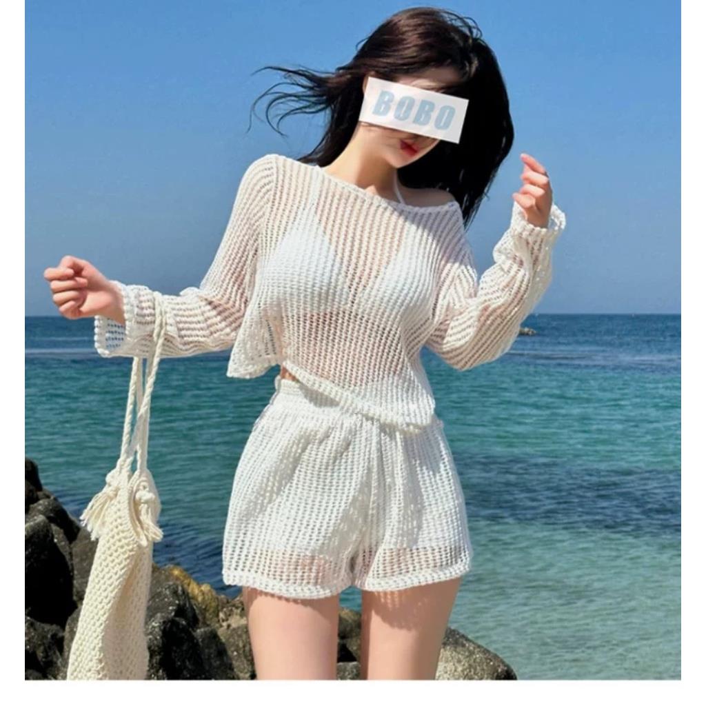 韩国新款游泳衣女分体比基尼三件套长袖罩衫蕾丝温泉网红泳装