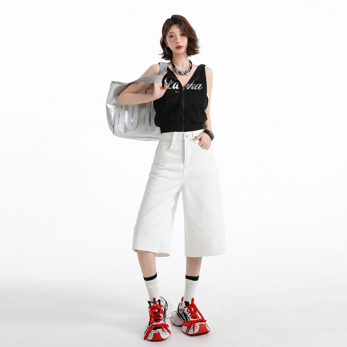 白色七分阔腿牛仔裤女2026年春夏新款美式高腰宽松显瘦百搭中裤子