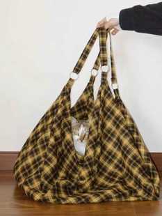 复古黄格子帆布双肩包女2024新款大容量单肩托特包斜挎通勤流浪包