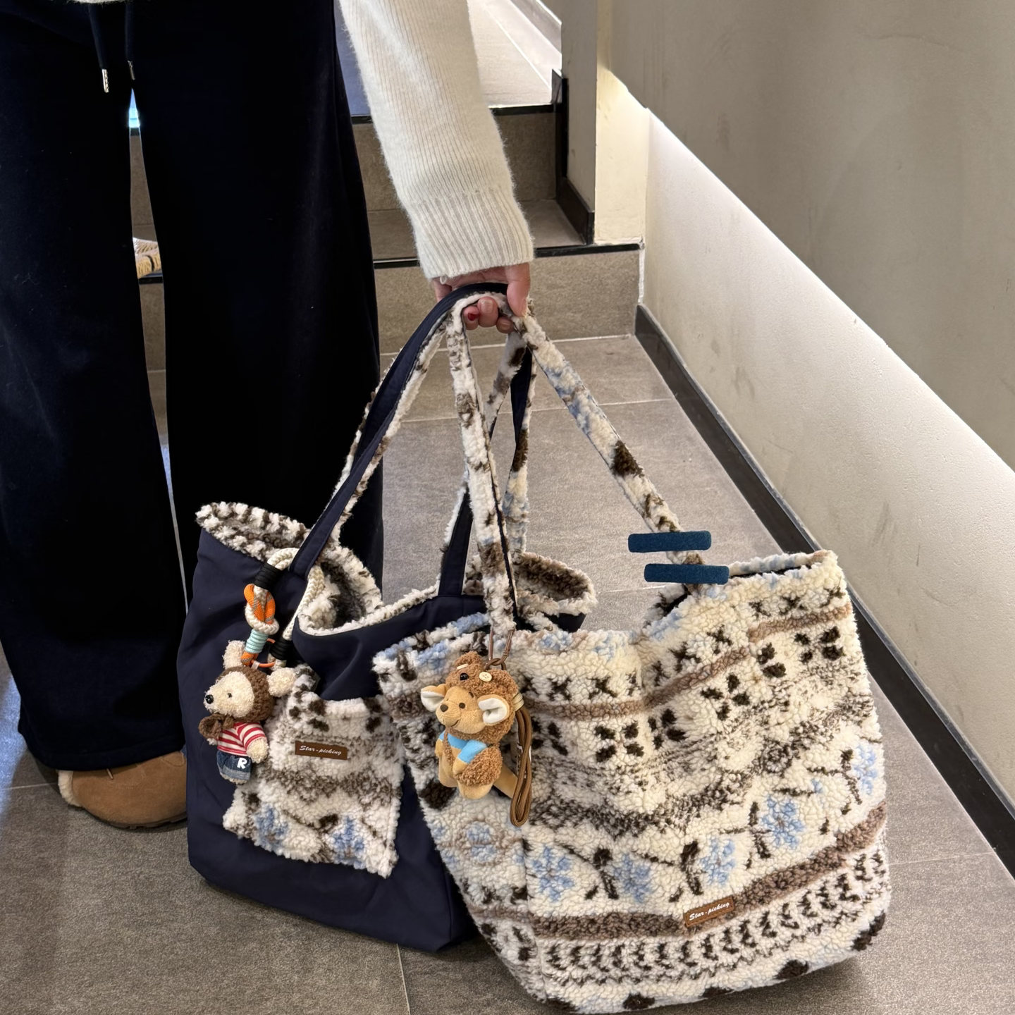 民族风复古羊羔毛绒托特包