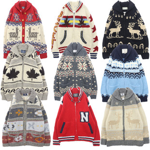 古着毛衣vintage北欧厚实粗线加拿大印第安麋鹿外套羊毛衣B46