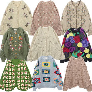 古着毛衣vintage孤品森女软妹手工钩花立体刺绣羊毛毛衣B69