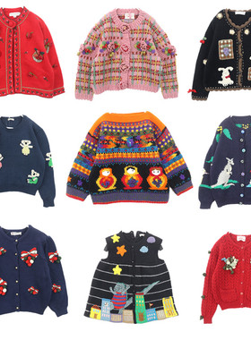 古着毛衣Vintage孤品手工立体钩花粗毛线童趣少儿御寒羊毛外套B59