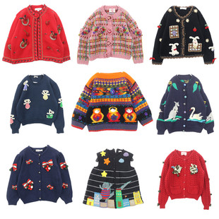 古着毛衣Vintage孤品手工立体钩花粗毛线童趣少儿御寒羊毛外套B59