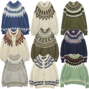 vintage古着孤品森女系北欧手工文艺摩天轮费尔岛冰岛毛衣B39