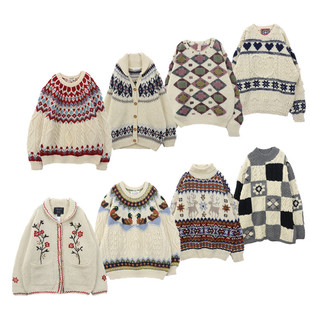 古着Vintage手工编织立体勾花日系重工毛衣孤品手勾羊毛外套B16