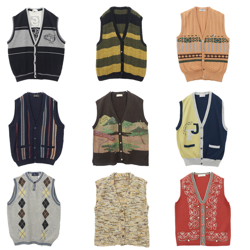 古着毛衣无袖V领马甲复古羊毛