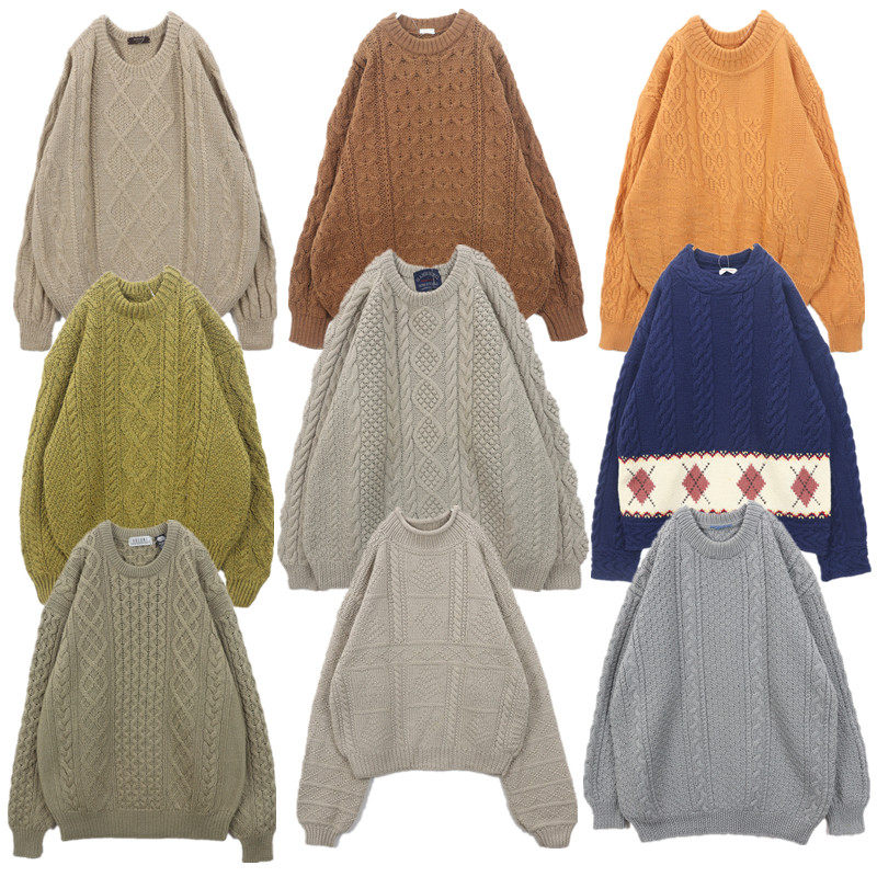 vintage古着毛衣森系手工编织钩花麻花豆豆衫甜美校园冬季外套B36