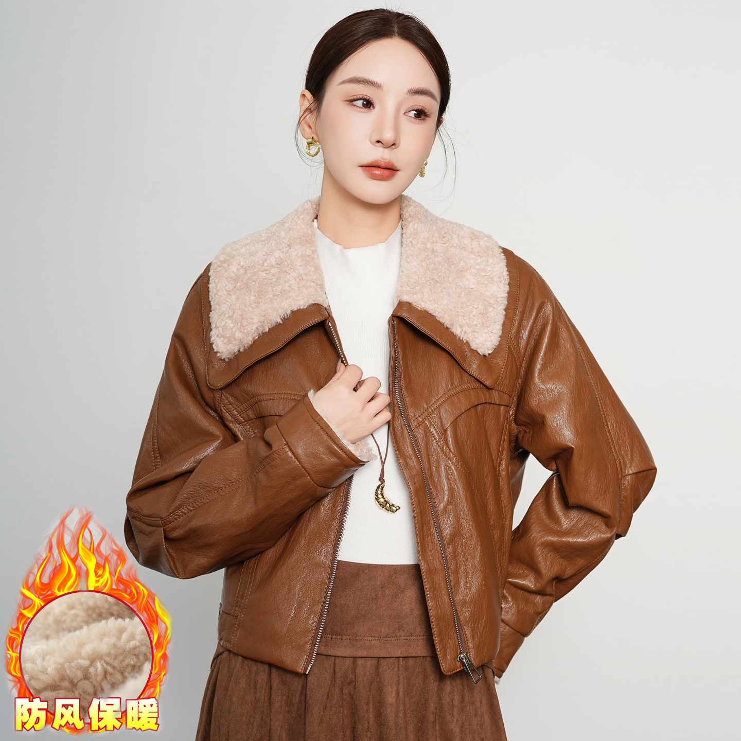 海宁绵羊皮毛领皮衣外套女短款