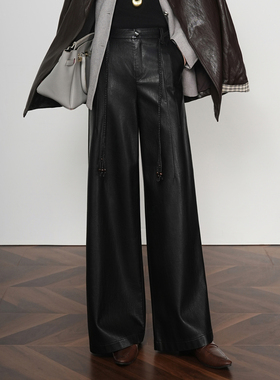 CanterKitten正品海宁真皮皮裤女绵羊皮阔腿裤秋冬款高腰直筒长裤