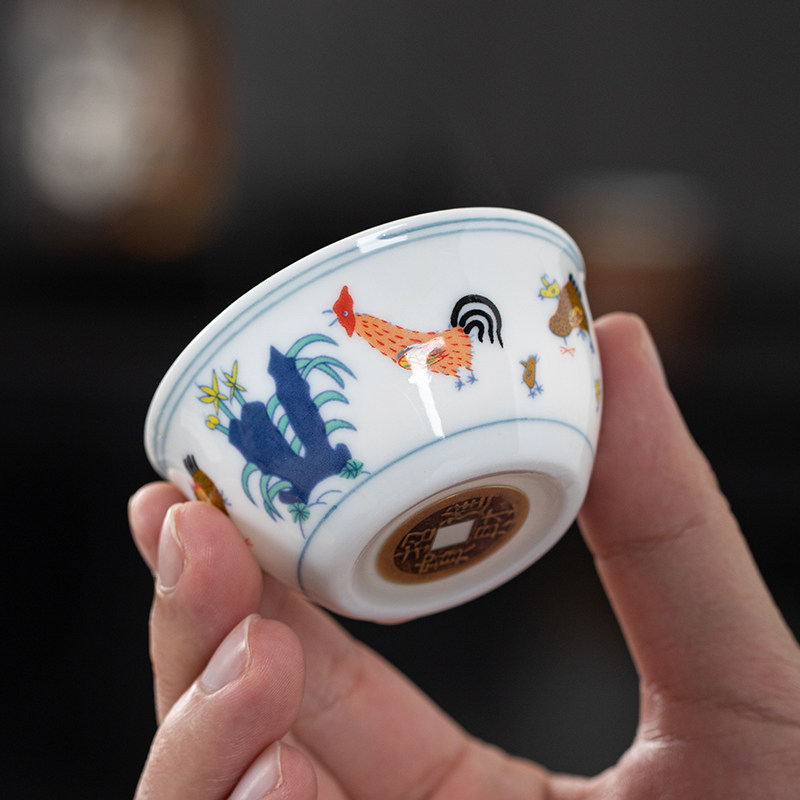 8亿大明成化斗彩鸡缸杯仿古玩功夫单个铜钱茶杯陶瓷主人品茗杯