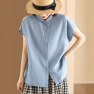 欧若风短袖女款爆款2025新款夏季纯棉宽松棉麻衬衣大码亚麻上衣潮
