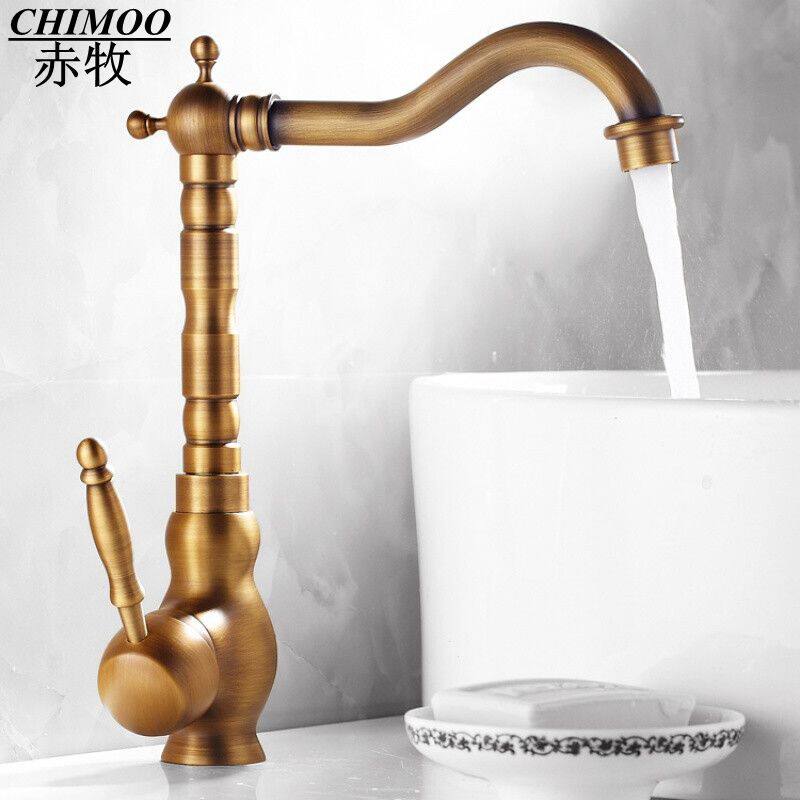 全铜仿古水龙头复古欧式冷热面盆洗脸盆台上盆厨房水槽可旋转龙头
