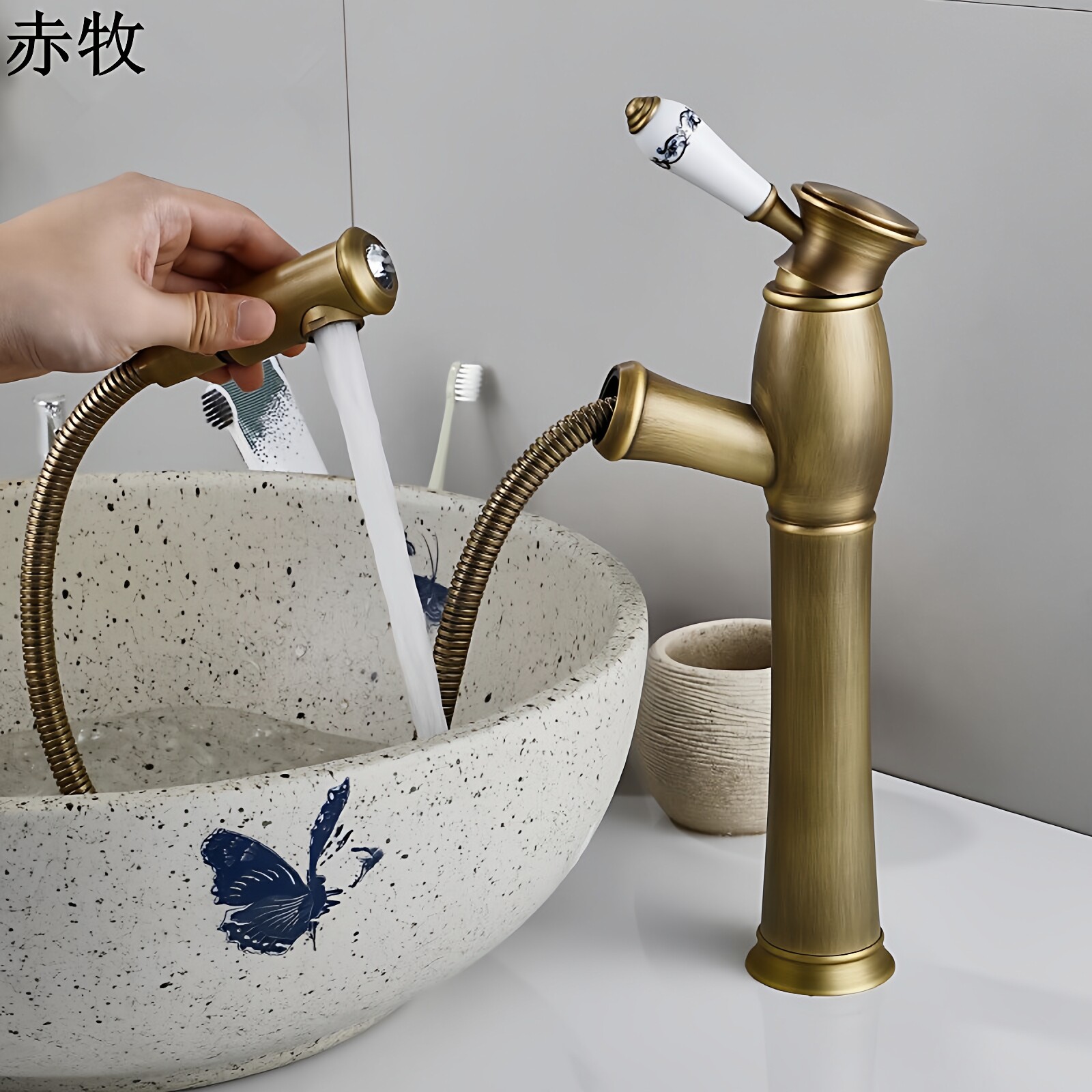 全铜抽拉式水龙头冷热仿古欧式面盆台上盆洗脸盆黑色复古伸缩龙头