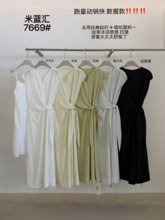 米蓝汇7669韩国时尚设计感V领系带收腰显瘦连衣裙女气质减龄长裙