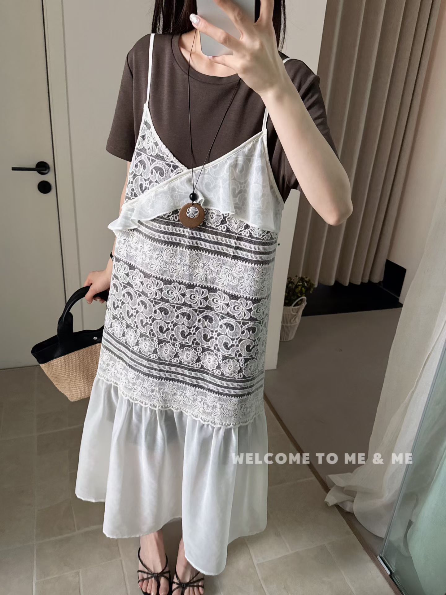 欧货复古蕾丝钩花吊带连衣裙T恤连衣裙