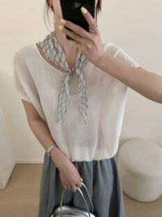 女 t恤衫 莱塞尔桑蚕丝时尚 宽松高级感软糯微透上衣配丝巾针织短袖