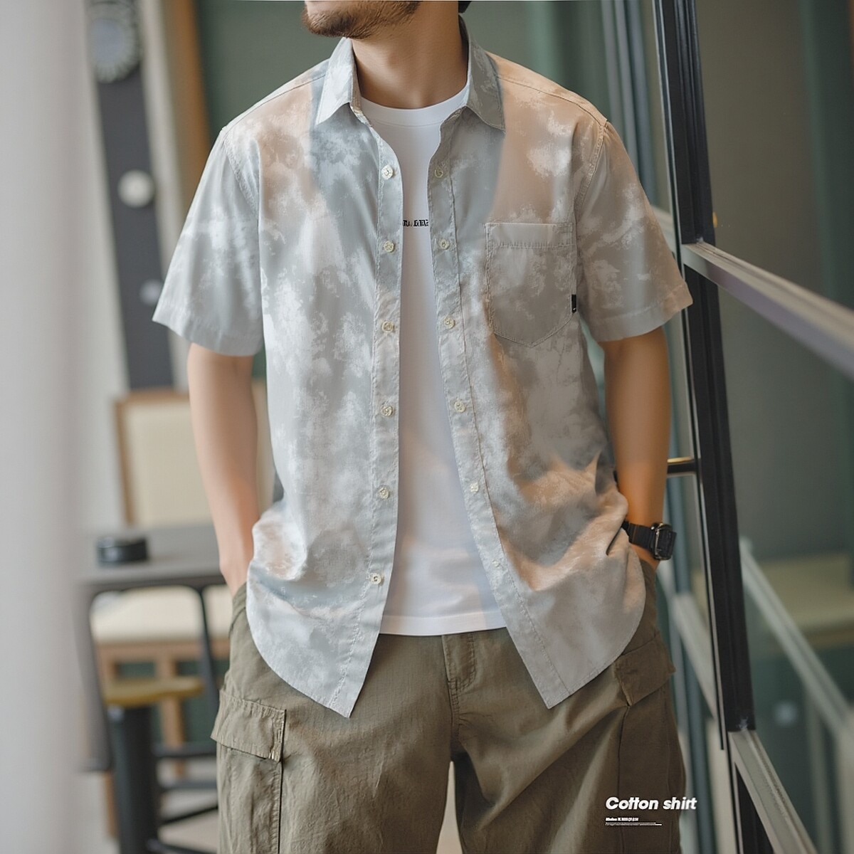 外贸出口转内销美式复古扎染纯棉短袖衬衫男夏季外贸男装休闲衬衣