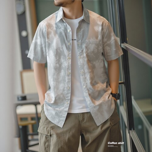 夏季美式复古扎染纯棉短袖衬衫
