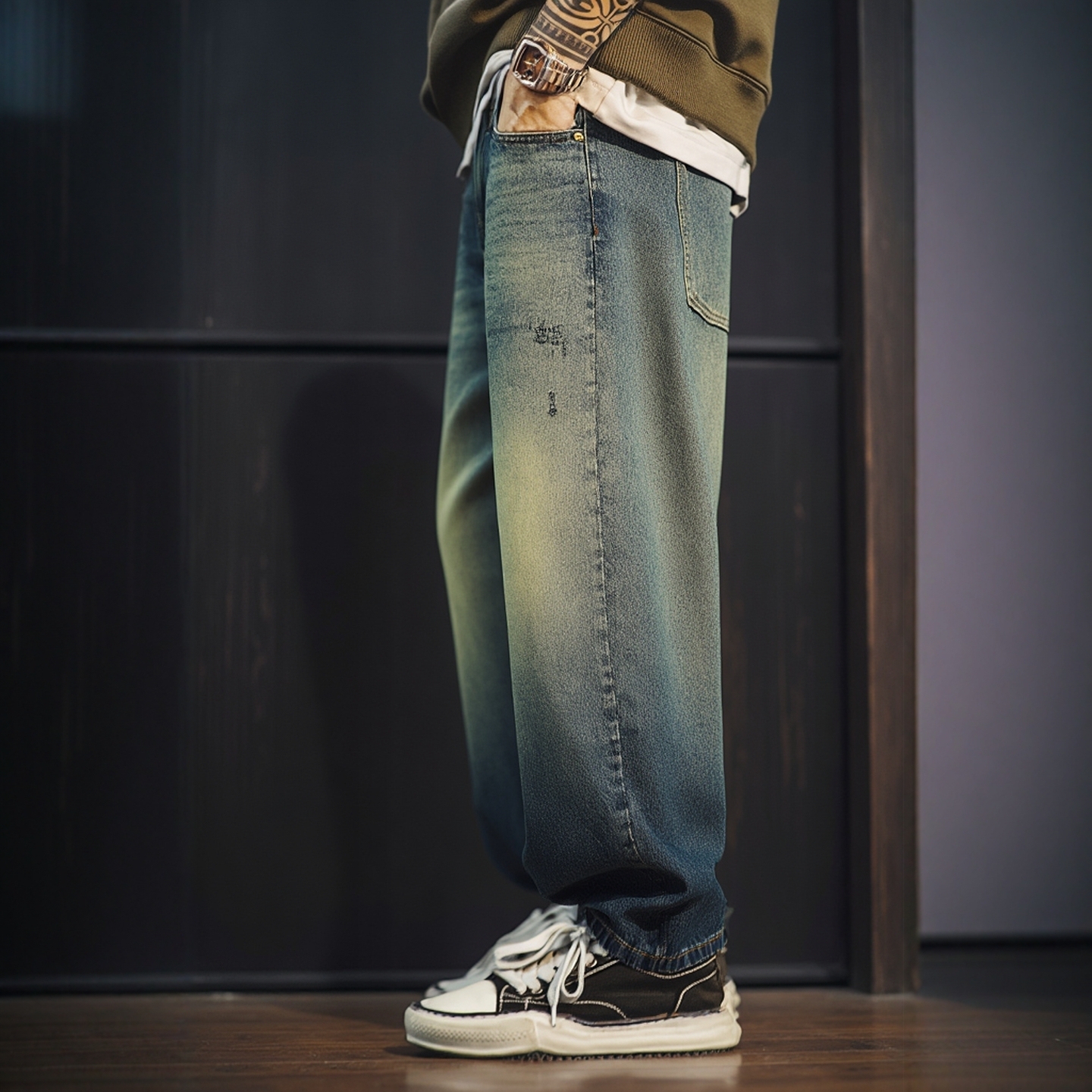 美式复古水洗做旧破洞阔腿牛仔裤