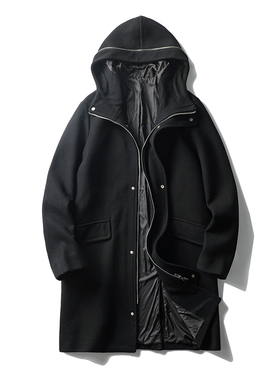 绵羊毛大衣男中长款秋冬季黑色韩版连帽休闲外套外贸牛货毛呢风衣