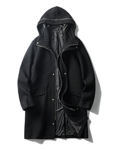 连帽休闲外套外贸牛货毛呢风衣 黑色韩版 绵羊毛大衣男中长款 秋冬季