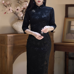 显瘦日常高端提花连衣裙 修身 新中式 复古风黑色长旗袍女春秋七分袖
