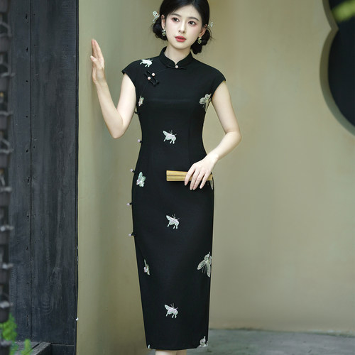 波尔菲黑色复古新中式无袖旗袍女