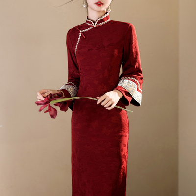 新中式红色长袖旗袍女秋冬季加绒