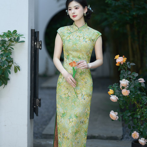 波尔菲绿色新中式无袖修身旗袍女