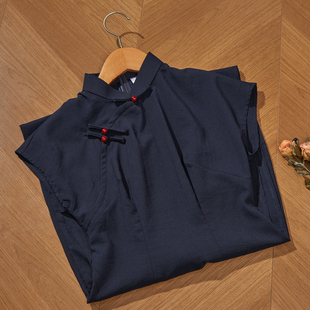 盘扣日常穿 旗袍女2026春新款 波尔菲藏青色文艺复古新中式 改良短袖