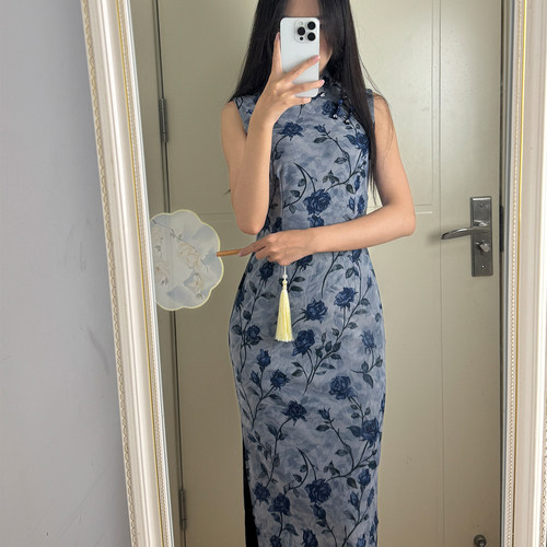 波尔菲蓝色复古无袖修身旗袍夏季