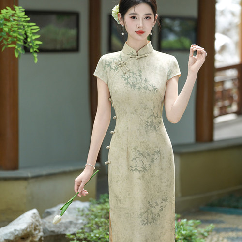 波尔菲杏色复古新中式短袖旗袍女