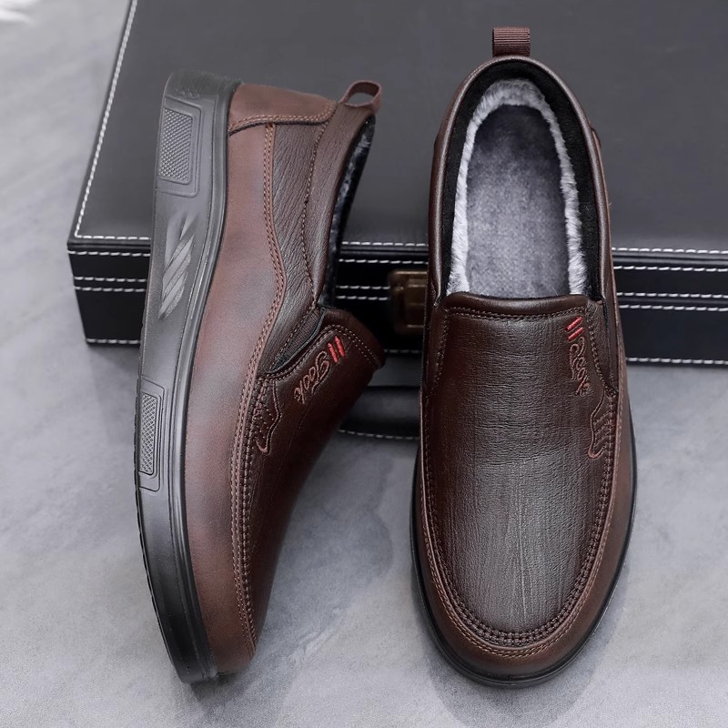 老北京布鞋男二棉鞋秋冬季薄绒防水爸爸鞋轻便软底保暖鞋仿皮男鞋