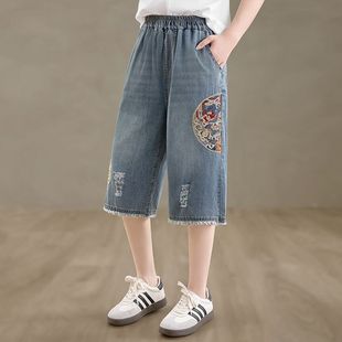 2025夏季新款牛仔裤女薄款复古新中式刺绣拼接宽松高腰直六分裤